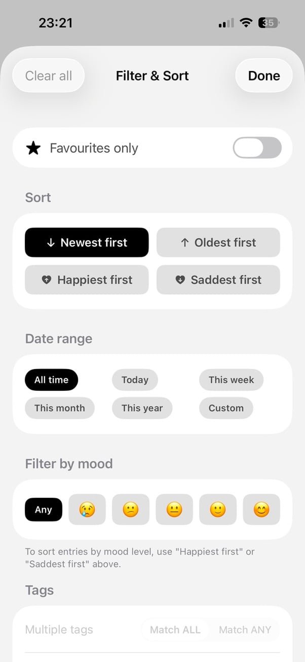 Advanced filtering by mood, tags and date
